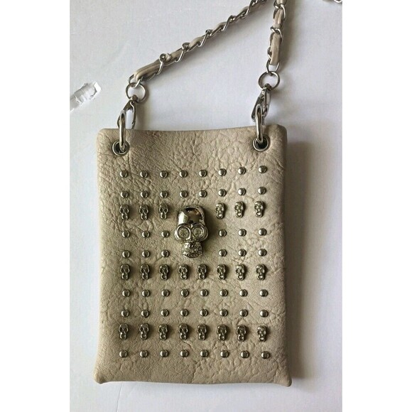 Skull Head Crossbody Bag Bling Rhinestone Shoulder Sling Pouch Beige Chain Strap - Picture 1 of 7